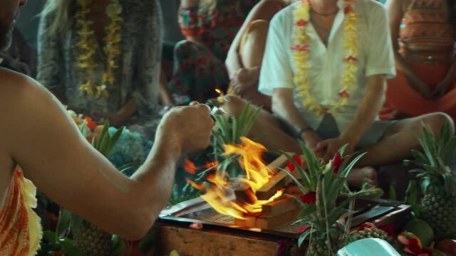 Flowers and fruits for offering at the Yagya fire ceremony hindu