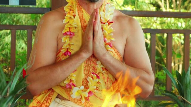 Flowers and fruits for offering at the Yagya fire ceremony hindu