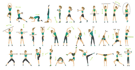 Fototapeta na wymiar Woman fitness. Big set of colored silhouettes of slim woman in costume doing fitness workout in many different position. Active and healthy life concept. Female aerobic or exercises