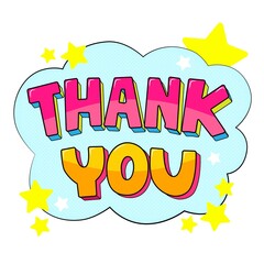 Retro colorful text Thank You with yellow stars on a blue background