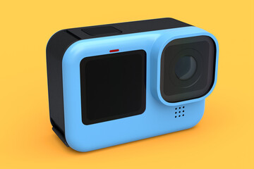 Photo and video lightweight blue action camera with display on orange background