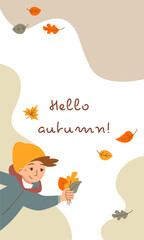Vector autumn banner with happy boy and leaves.