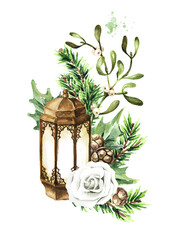 Old Lantern with Winter wedding bouquet. Hand  drawn watercolor illustration isolated on white background