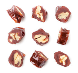 Set of pieces of churchkhela on a white background, isolated. Top view