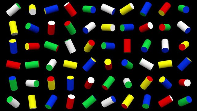 Bright colorful cylinders. Black background. Abstract animation, 3d render.