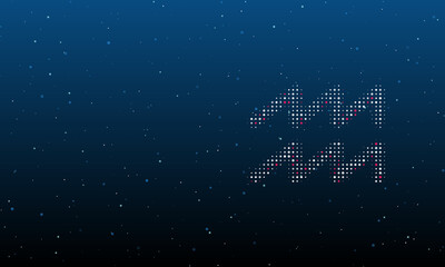 On the right is the zodiac aquarius symbol filled with white dots. Background pattern from dots and circles of different shades. Vector illustration on blue background with stars