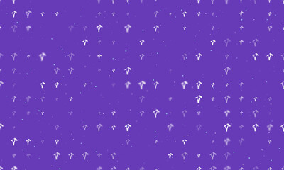 Seamless background pattern of evenly spaced white palm trees symbols of different sizes and opacity. Vector illustration on deep purple background with stars