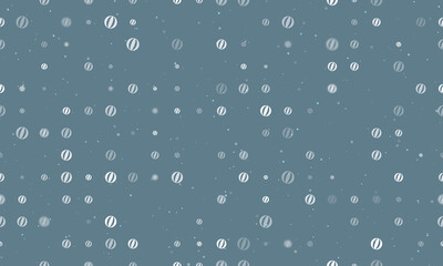 Fototapeta na wymiar Seamless background pattern of evenly spaced white beach ball symbols of different sizes and opacity. Vector illustration on blue grey background with stars