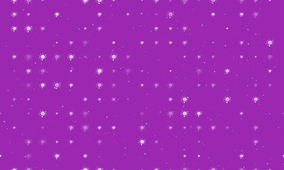 Seamless background pattern of evenly spaced white cosmic symbols of different sizes and opacity. Vector illustration on purple background with stars