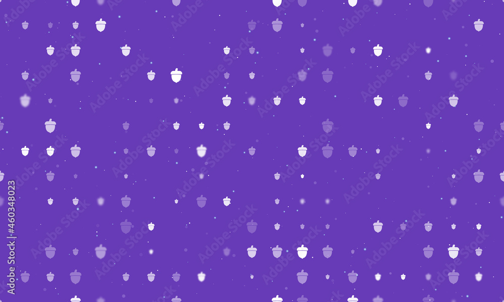 Poster seamless background pattern of evenly spaced white acorn symbols of different sizes and opacity. vec