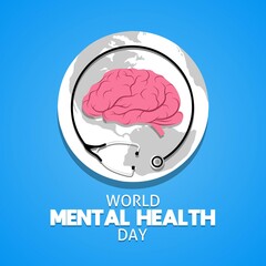 World mental health day theme. Vector illustration. With brain, stethoscope and globe illustration. Suitable for Poster, Banners, campaign and greeting card. 