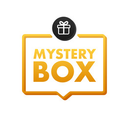 Mystery box banner. Packaging for concept design. Surprise present. Package design. Help symbol. Question mark icon. Vector stock illustration.