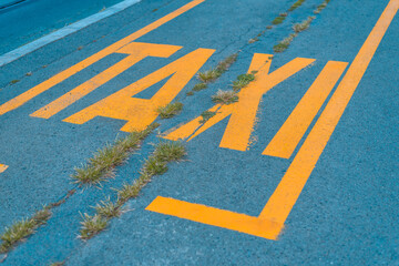 Yellow taxi sign stations on the street