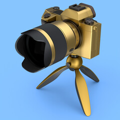 Naklejka na ściany i meble Concept of nonexistent gold DSLR camera with tripod isolated on blue.