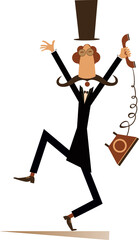Mustache man in the top hat is in panic illustration. 
Upset long mustache gentleman in the top hat with hands up holds a telephone receiver isolated on white
