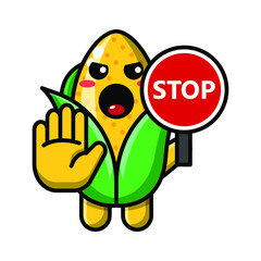 cute corn with stop sign icon illustration vector graphic