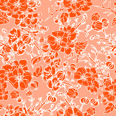 Vector hand drawn repeat pattern with red roses on pastel orange background. Linear flowers texture, print. Illustration of beautiful flowers. Vector illustration.