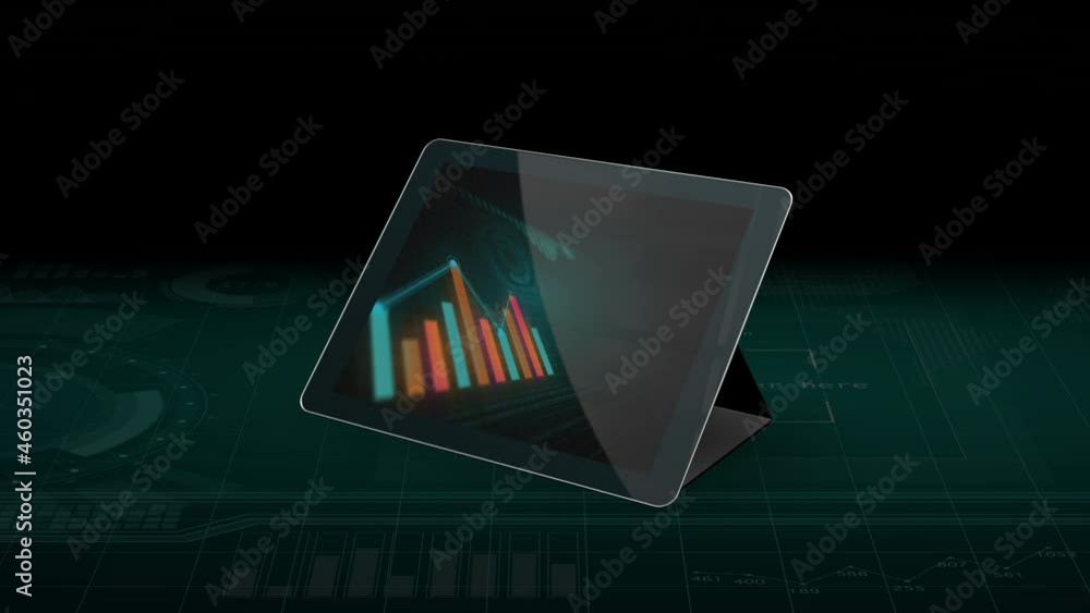 Poster 3d tablet computer showing a rising bar graph on a digital background. growing business chart concep