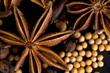 Macro Image of Clove,Star Anise and Mustard Seeds on Black Background