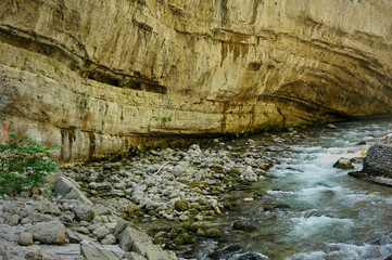Mountain river in Abkhazia. Ecologically clean nature. Stones and current.
