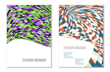 Bright patchwork from multi-colored triangles. Unusual colorful design for cover or background. Set of two templates