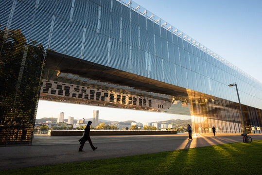 Linz Austria; Lentos Art Museum with Shore of Linz Urfahr on the Danube River