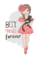 Best friends forever, girl with cat, children illustration
