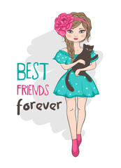Best friends forever, girl with cat, children illustration