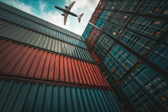 Freight Airplane Flying Above Overseas Shipping Container . Logistics Supply Chain Management And International Goods Export Concept .