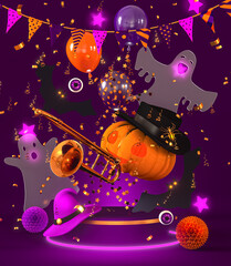 Halloween dark purple background, holiday, dancing, fun, Jack's pumpkin head in a hat, ghosts, spiders, decorations from flags and paper balls, gold tinsel, trumpet gramophone, 3D rendering