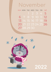 Calendar of 2022 year, November with cute gray kitty, cat in purple raincoat, coat, boots with falling snow, numbers isolated on beige. Vector illustration for postcard, banner, web, design, arts.