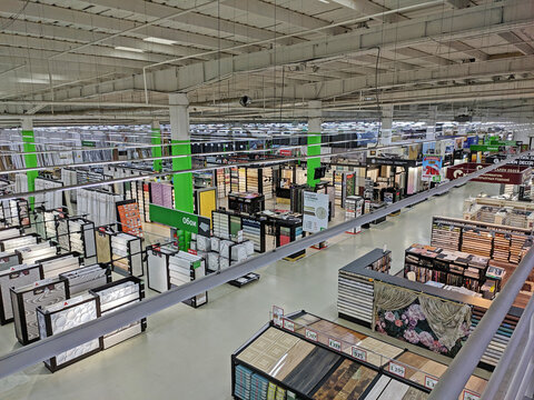 Moscow, Russia - January 24, 2021: Wallpaper department in the hypermarket "Your House" in Moscow