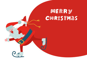 Santa claus and a huge bag of gifts with merry christmas and greeting card. Cute holiday character skating. Use for banner, poster, cover and all media. Flat vector illustration.