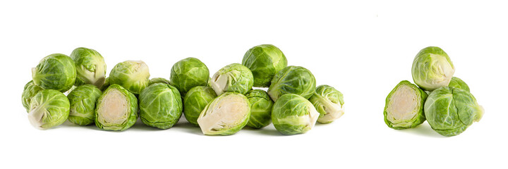 Brussels sprouts. Set of fresh brussels sprouts in stacks on white isolated background. Deep focus stacking.