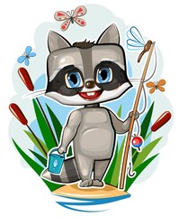 Funny cute baby Raccoon on the bank of the stream. A fisherman with fishing rod among the reeds. Naive animal child. Cartoon style. Illustration for children. Isolated over white background. Vector