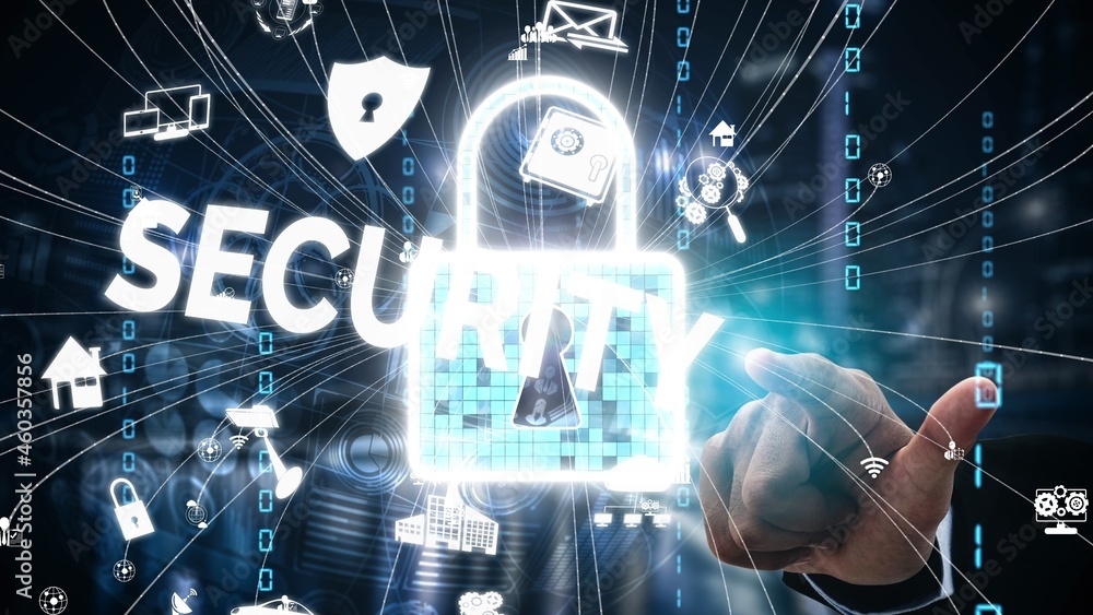 Poster cyber security and digital data protection conceptual . graphic interface showing secure firewall te