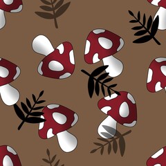 Seamless pattern with mushrooms on brown background 