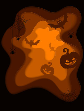 Scarry halloween background with pumpkins and flying bats, trendy cut style
