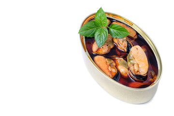 Can of pickled mussels and white background