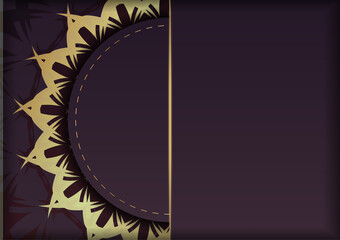 Greeting card in burgundy color with antique gold ornaments prepared for typography.