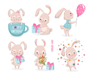 Set of cute bunnies with gifts, cup, flowers. happy easter