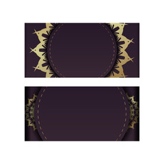 Greeting card in burgundy color with mandala gold ornament for your design.