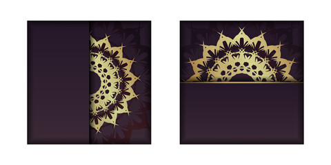 Greeting card in burgundy color with mandala gold ornament prepared for typography.