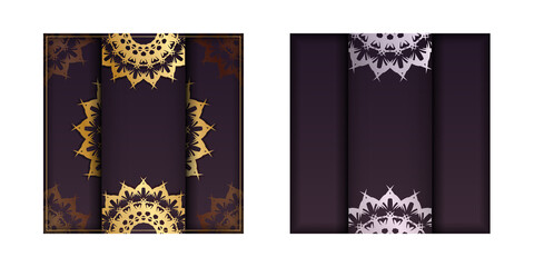 Greeting card in burgundy color with abstract gold ornament for your design.