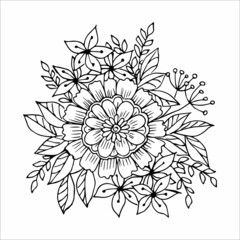 Нand drawn bouquet of flowers in doodle or sketch style, black and white vector illustration