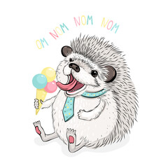 Cute hedgehog chatacter eating colorful ice cream, om nom nom