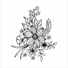 Нand drawn bouquet of flowers in doodle or sketch style, black and white vector illustration