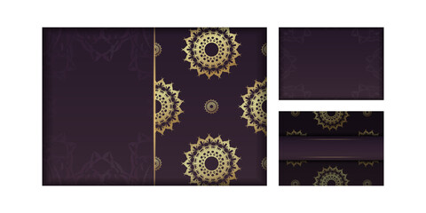 Greeting card in burgundy color with abstract gold ornament prepared for typography.