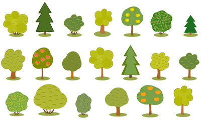 Set of green trees. Different drawn trees isolated on white background. Vector illustration. - 460359270