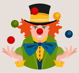 Avatar of a red-haired clown juggling with colorful balls. The circus. Flat vector illustration.